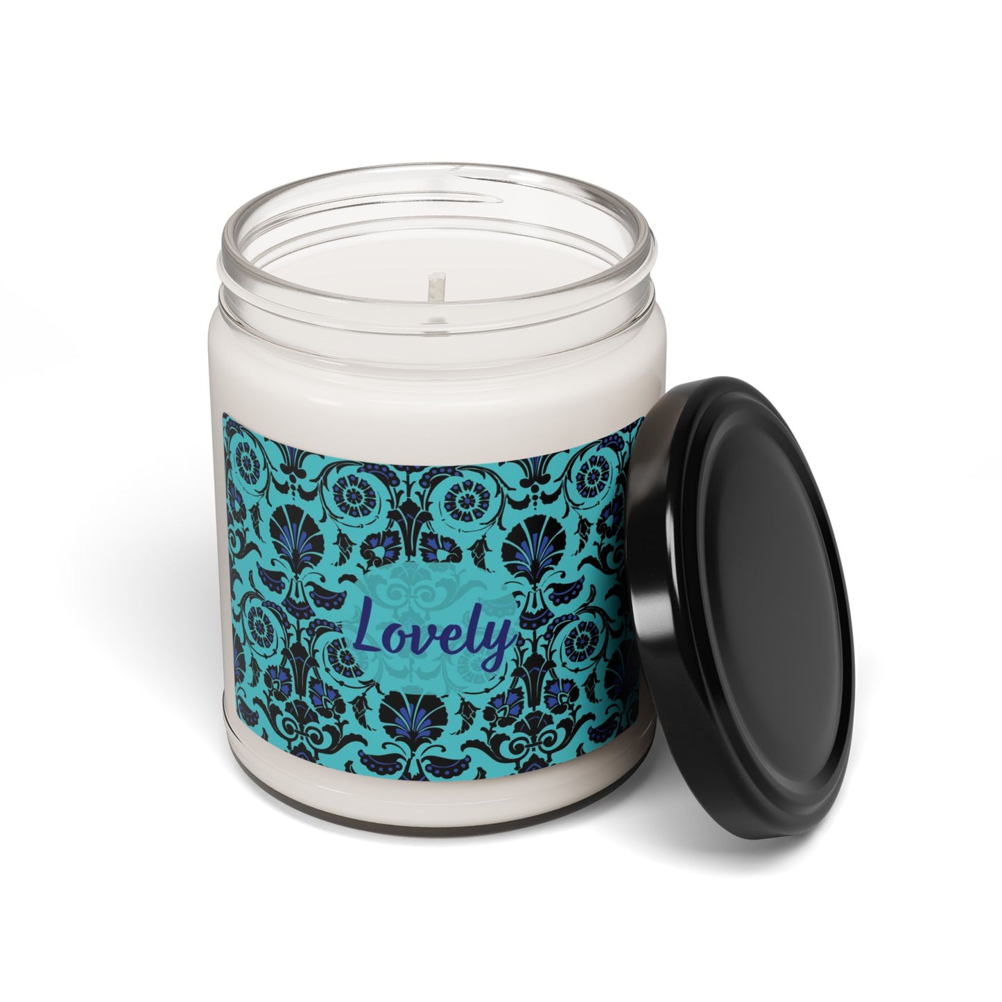 Lovely Scented Soy Candle (Choose your scent)- 9oz Decorative Teal Pattern