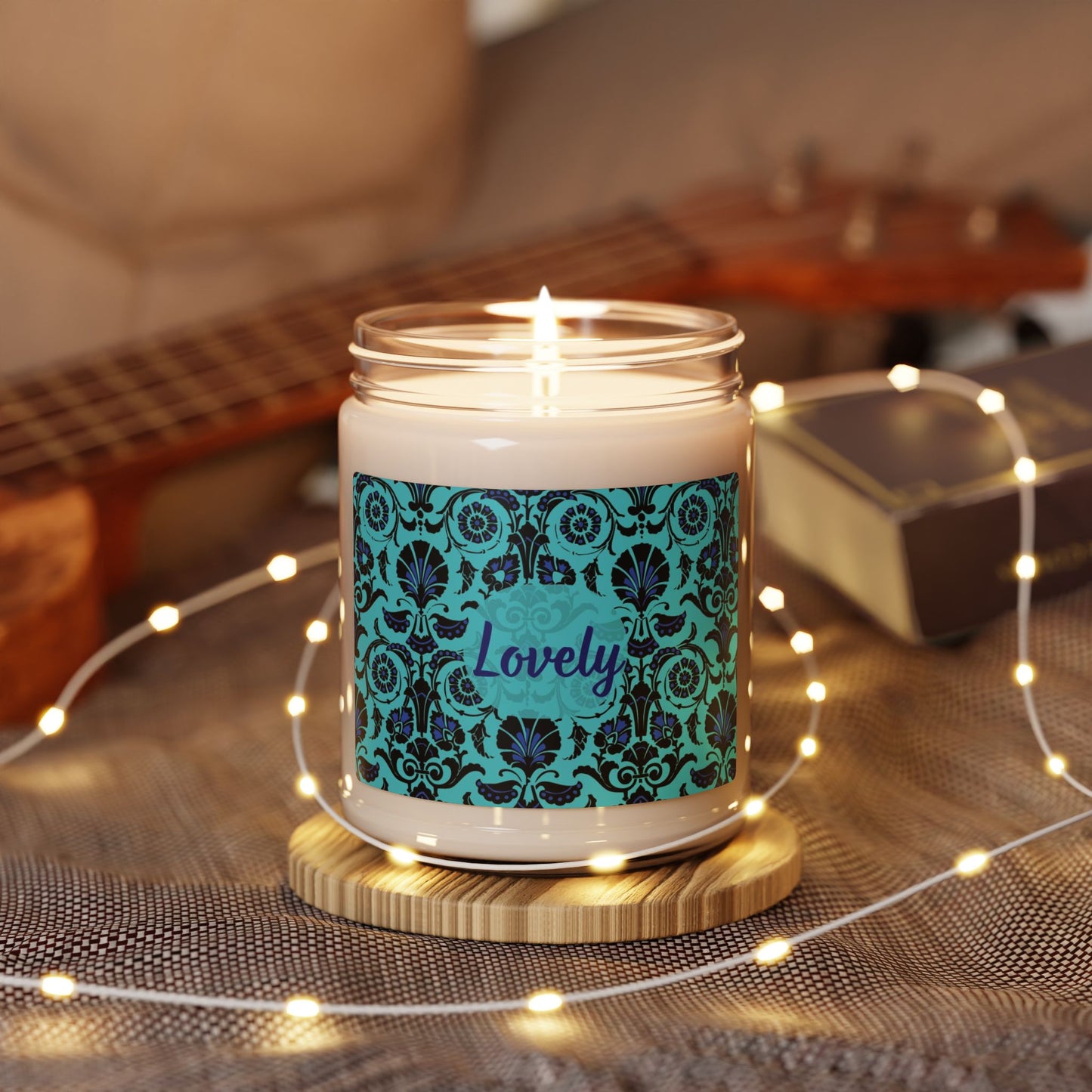 Lovely Scented Soy Candle (Choose your scent)- 9oz Decorative Teal Pattern