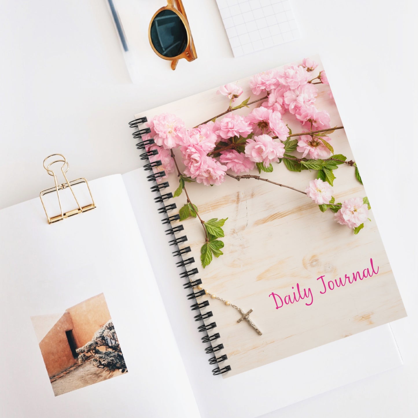 Pink Flowers and Rosary Daily Journal - Ruled Notebook for Reflection and Organization