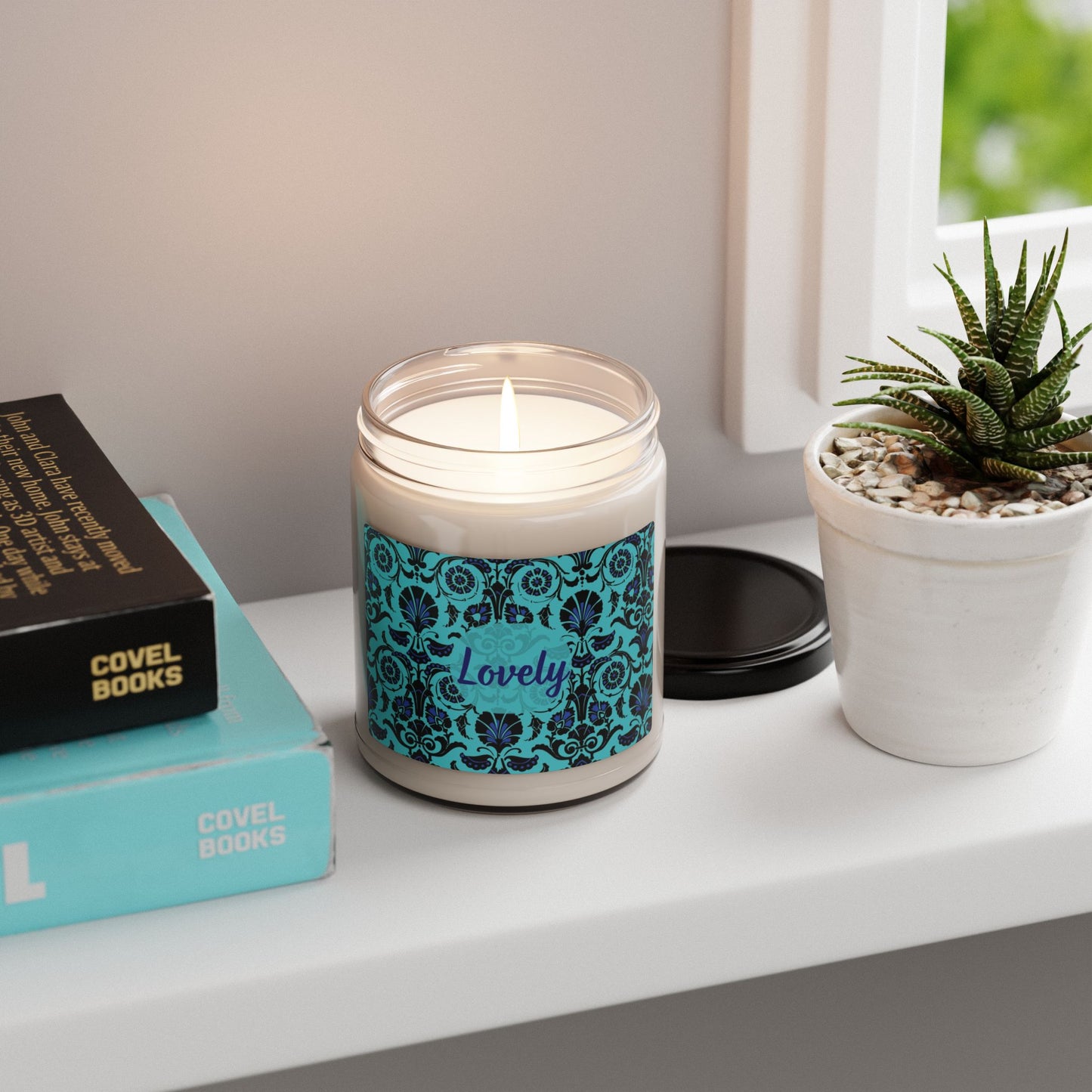 Lovely Scented Soy Candle (Choose your scent)- 9oz Decorative Teal Pattern