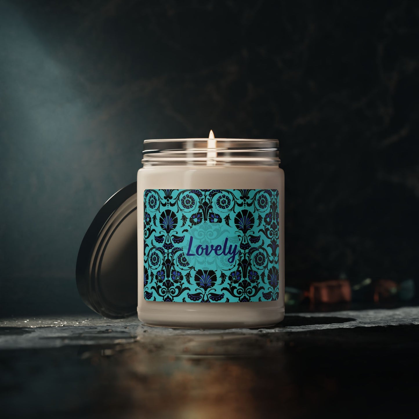 Lovely Scented Soy Candle (Choose your scent)- 9oz Decorative Teal Pattern