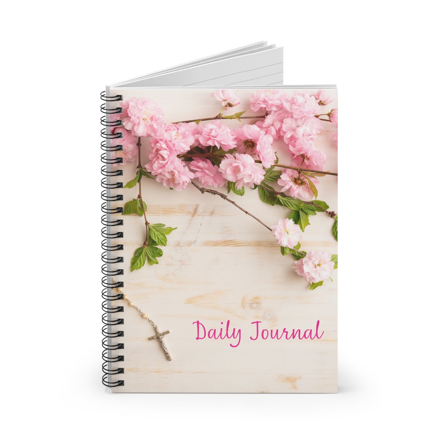 Pink Flowers and Rosary Daily Journal - Ruled Notebook for Reflection and Organization