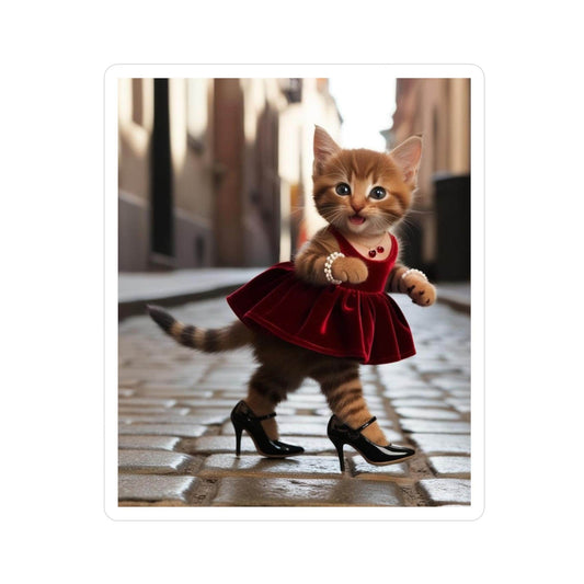 Cute Happy Kitten in Red Dress and High Heels Walking in the street Kiss-Cut Vinyl Decals -, Cat Lover Gift, Adorable cat Sticker, Pet Decor