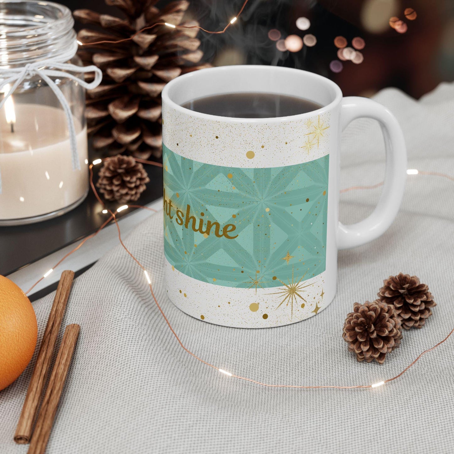 Let Your Light Shine Ceramic Mug, Gold Stars Motivational Drinkware, Tea Coffee Lover's Art, Unique Gift, Wellness Cup