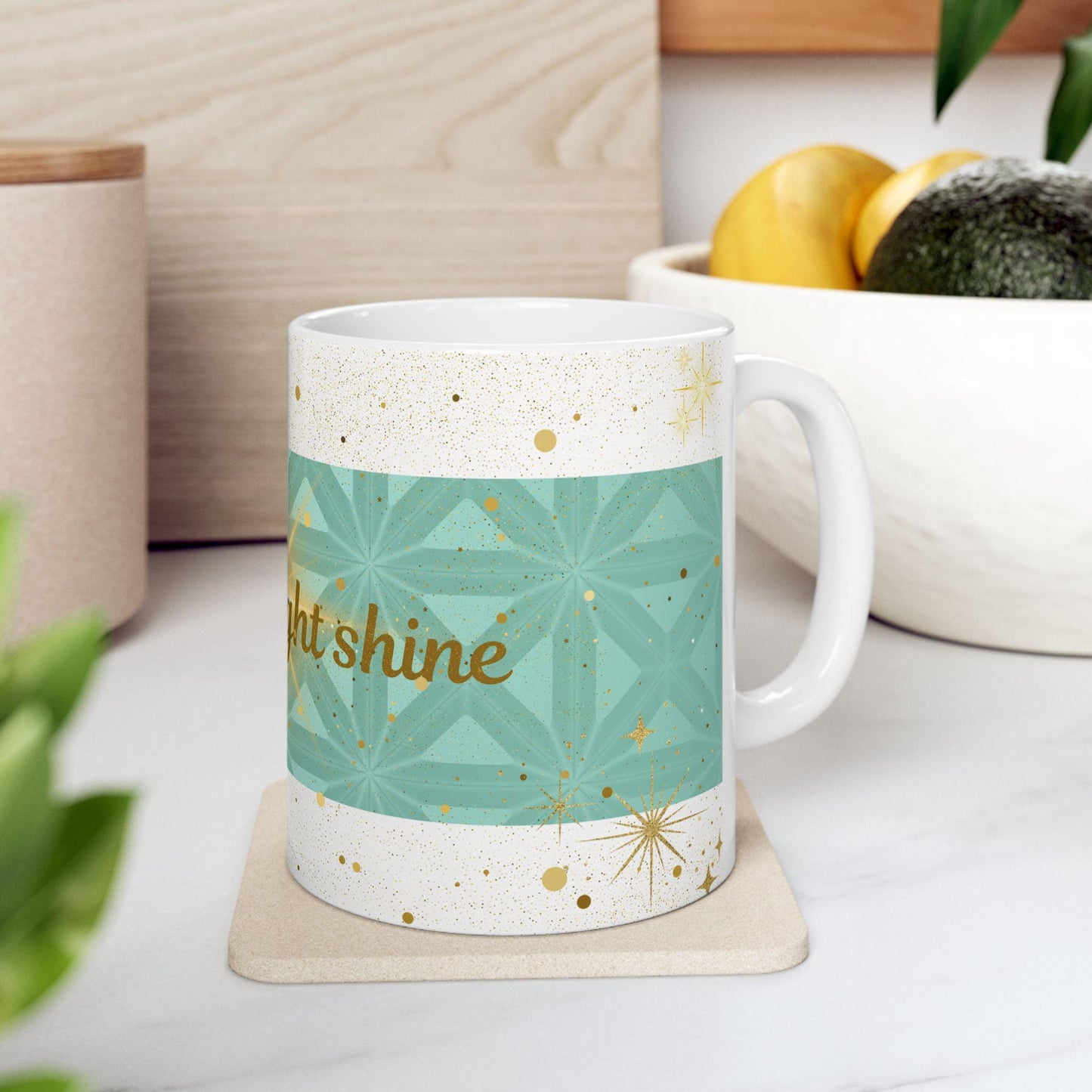 Let Your Light Shine Ceramic Mug, Gold Stars Motivational Drinkware, Tea Coffee Lover's Art, Unique Gift, Wellness Cup