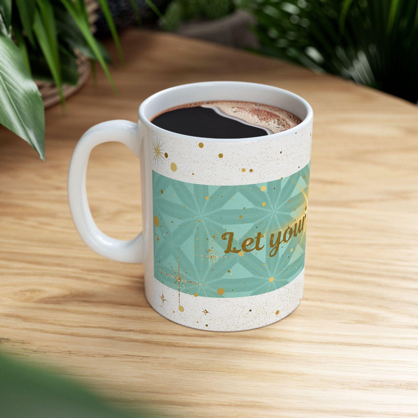 Let Your Light Shine Ceramic Mug, Gold Stars Motivational Drinkware, Tea Coffee Lover's Art, Unique Gift, Wellness Cup