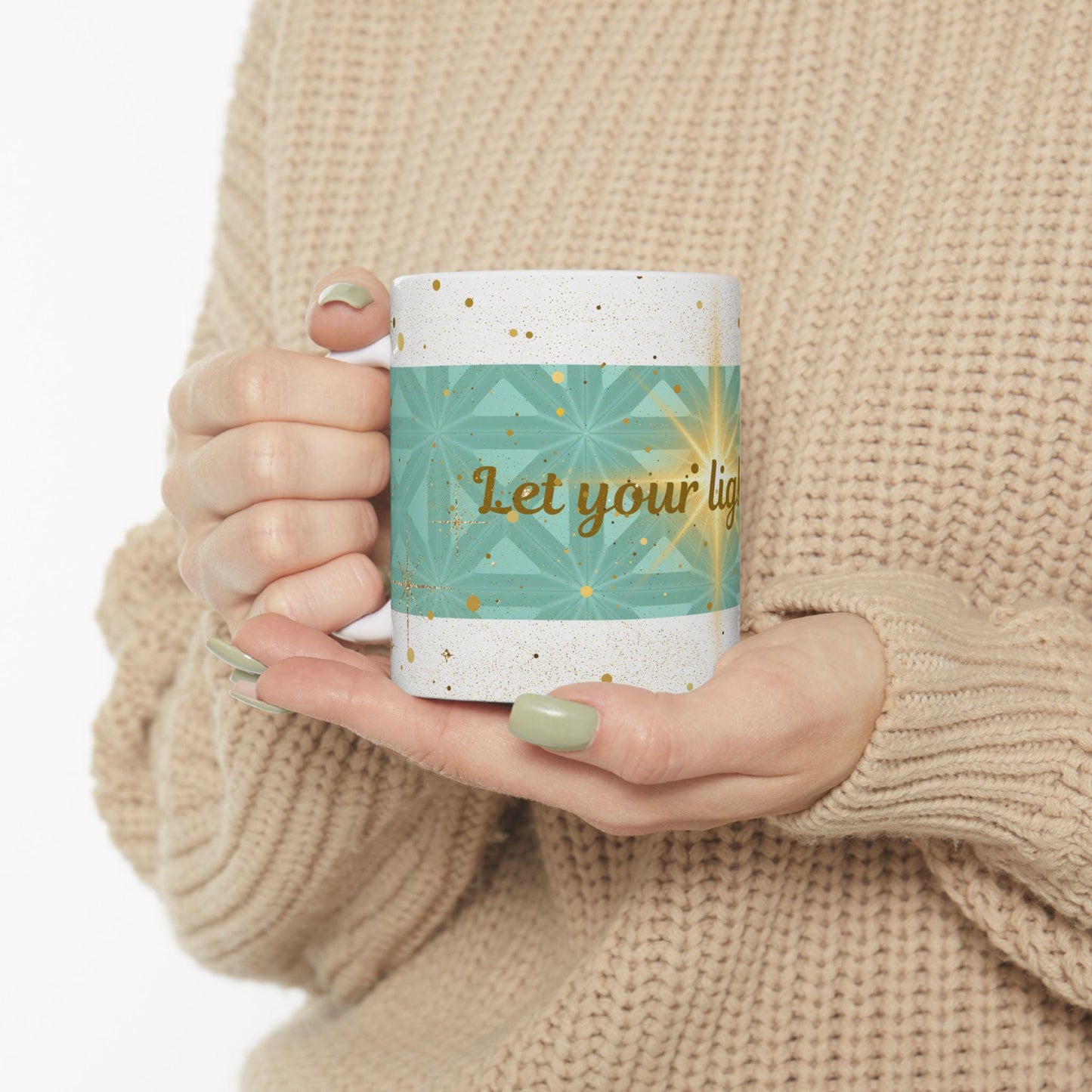 Let Your Light Shine Ceramic Mug, Gold Stars Motivational Drinkware, Tea Coffee Lover's Art, Unique Gift, Wellness Cup