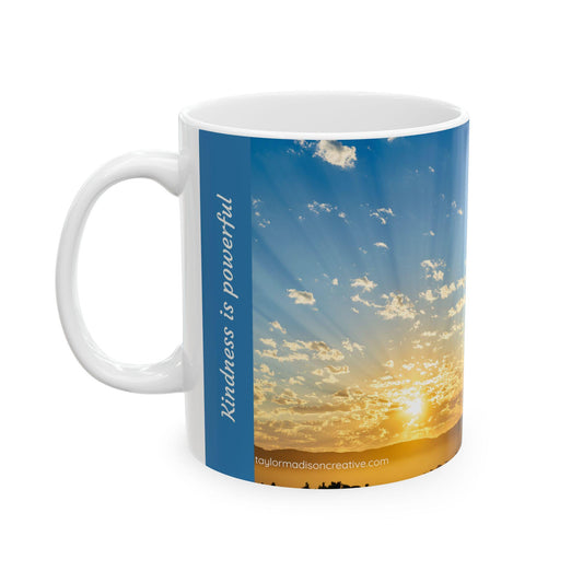 Kindness is Powerful Motivational Mug with Sunset Design, Inspirational Gift for Family or Friends, Coffee Lovers, Kindness Message For All