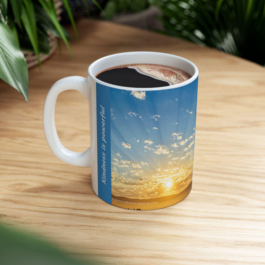 Kindness is Powerful Motivational Mug with Sunset Design, Inspirational Gift for Family or Friends, Coffee Lovers, Kindness Message For All