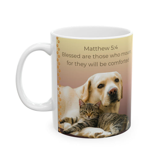 Comforting Pet Ceramic Mug, Matthew 5.4 Sympathy Gift for Animal Lovers, Grief Support, Memorial Coffee Cup, Cat & Dog Lover Gift, Pawprints
